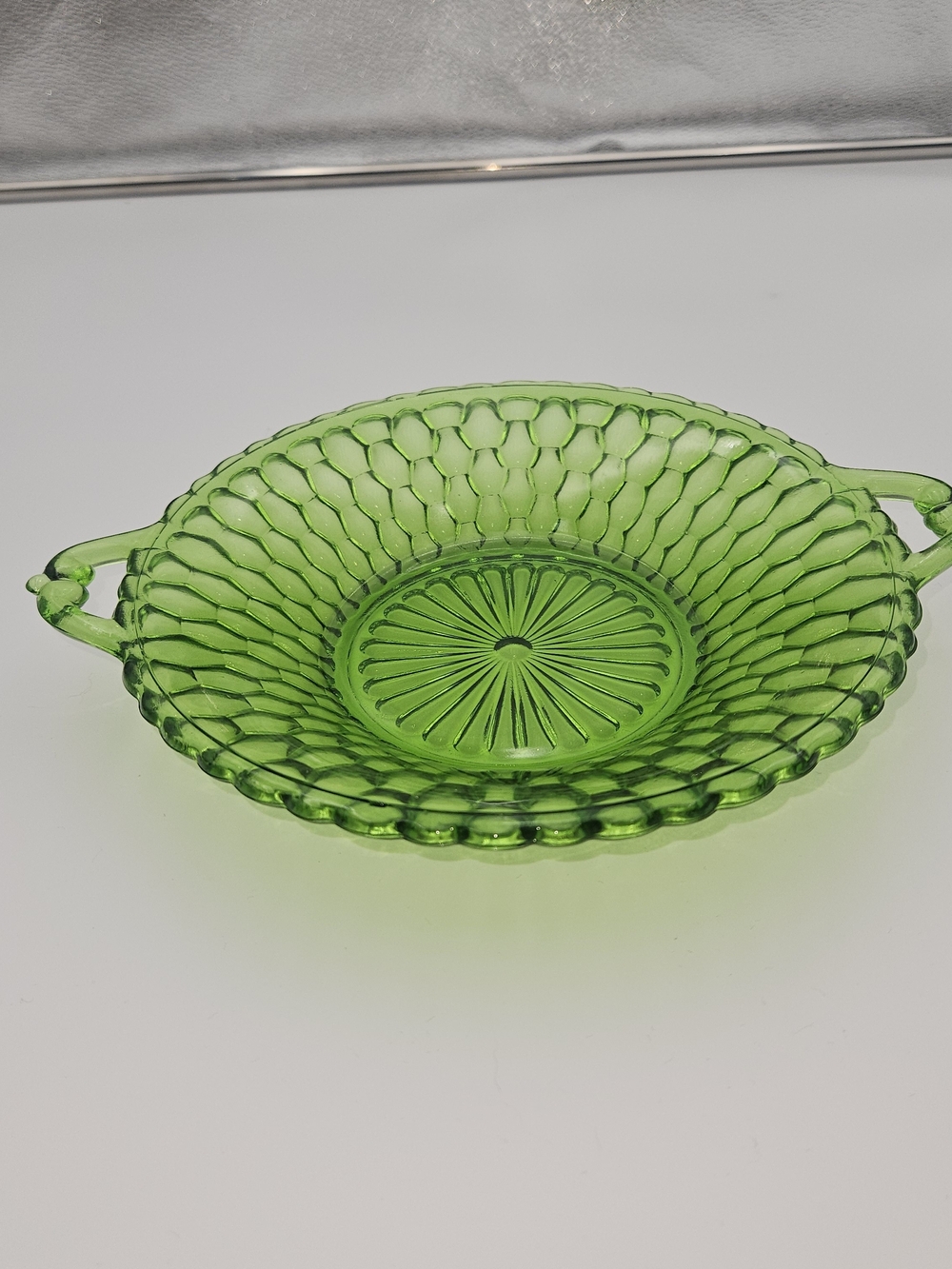 Vintage Indiana Green Pressed Glass Handled Serving Dish